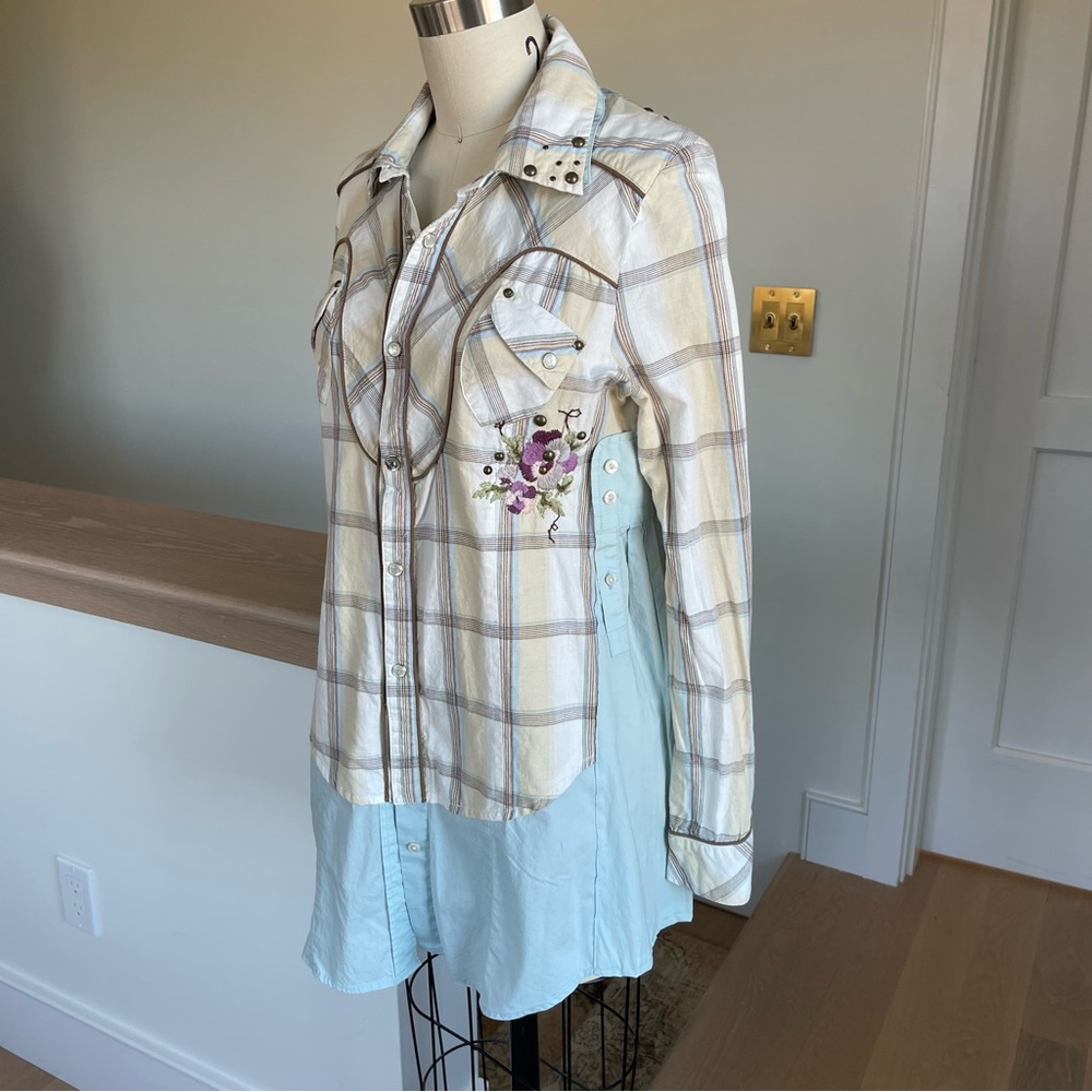 Re-Do handmade re-imagined button down. Whimsical, boho mashup of 2 shirts, S